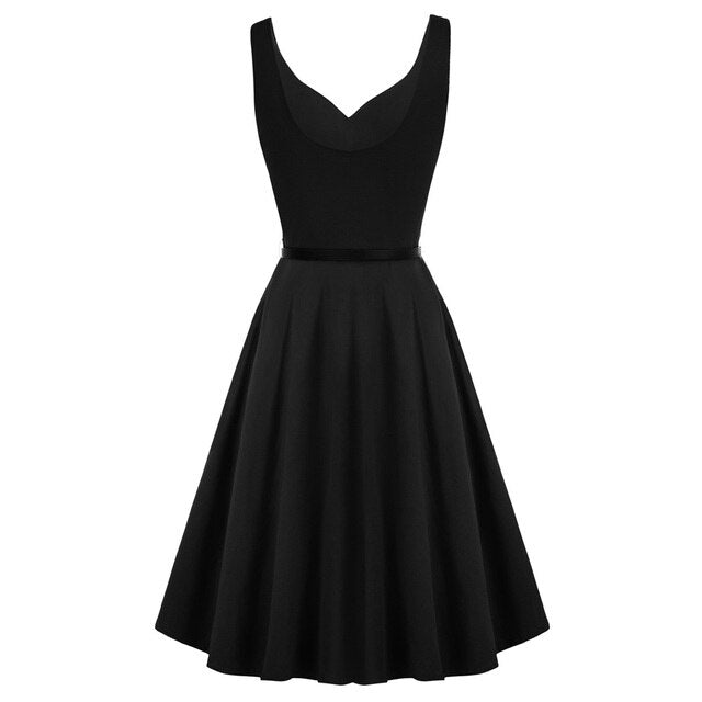 Grace Karin Women V-Neck Dress With Belt Sleeveless U-Back Flared A-Line Cotton Dress Elegant Evening Party Formal Dress Ladies