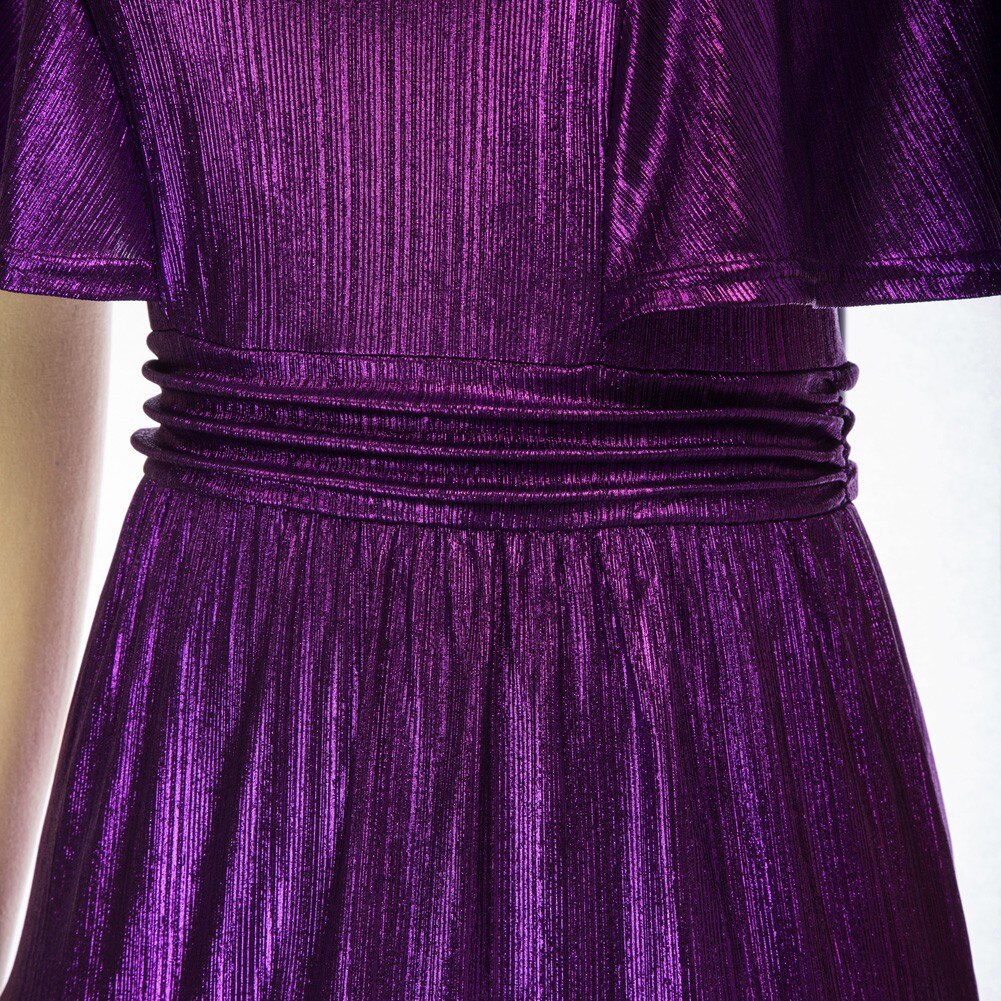 Grace Karin Party Dresses Women Metal-Like Mini Dress Short Sleeve Crew Neck Pleated Waist Ruffles Fashion Classic A-Line Dress