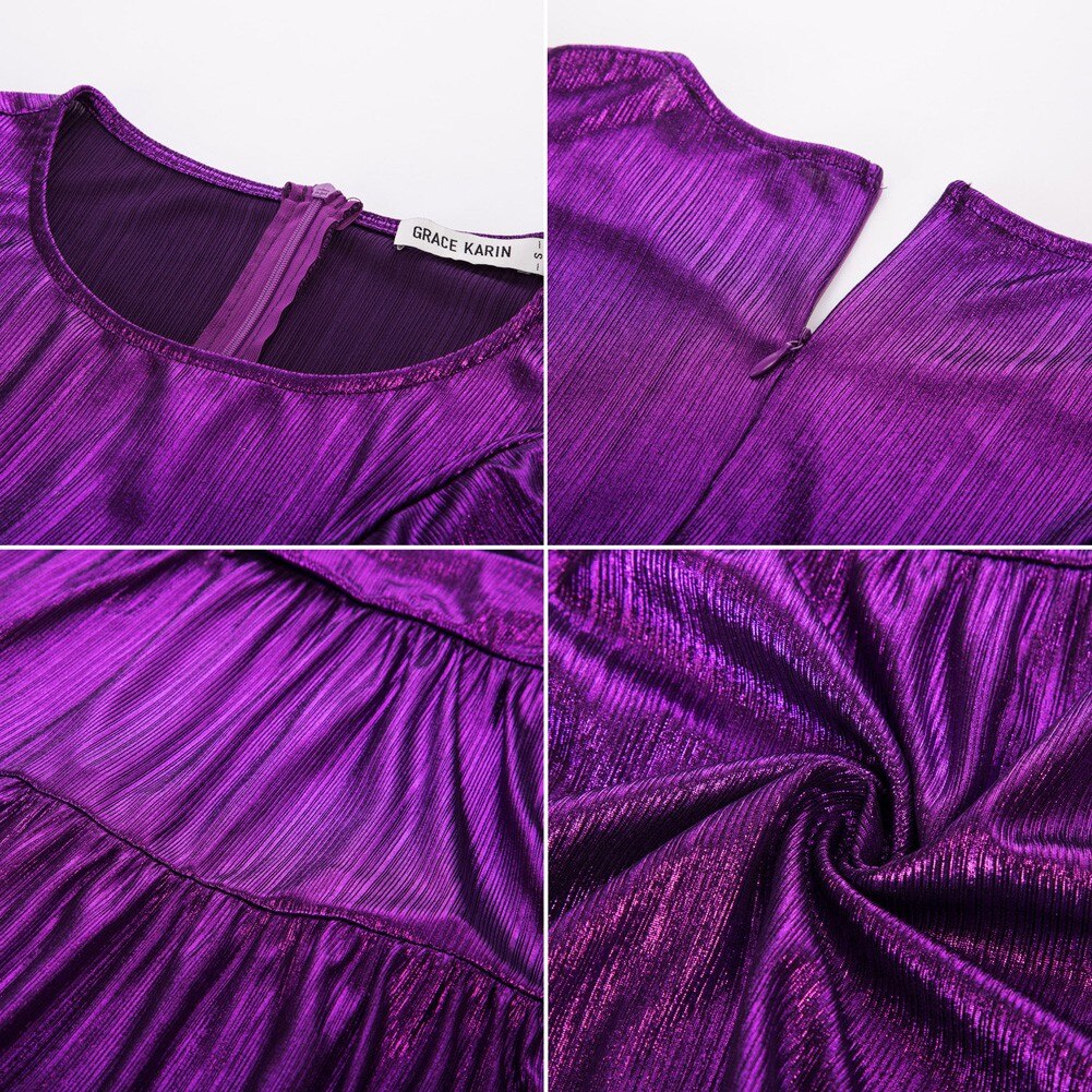Grace Karin Party Dresses Women Metal-Like Mini Dress Short Sleeve Crew Neck Pleated Waist Ruffles Fashion Classic A-Line Dress