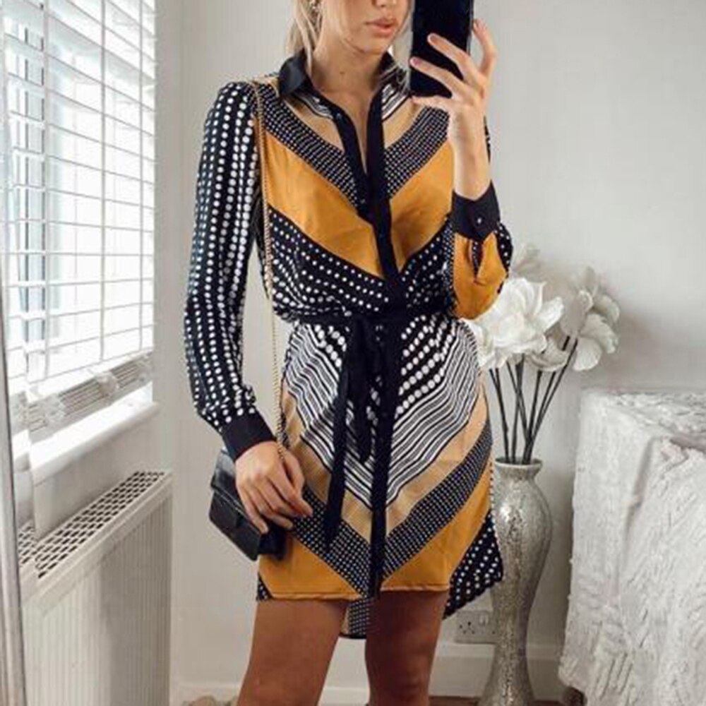 Loose Dress A-line Business Womens Casual Lapel Button Down Shirt Dress