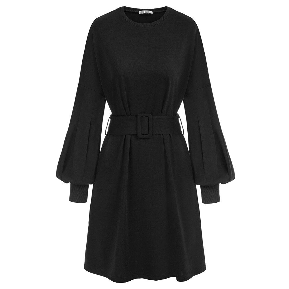 Grace Karin Summer Mini Dresses Women Belt Sashes Dress Long Lantern Sleeves Crew Neck Solid Color Retro Ladies A-Line Dress