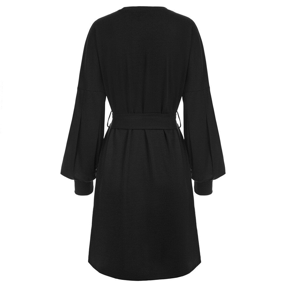 Grace Karin Summer Mini Dresses Women Belt Sashes Dress Long Lantern Sleeves Crew Neck Solid Color Retro Ladies A-Line Dress