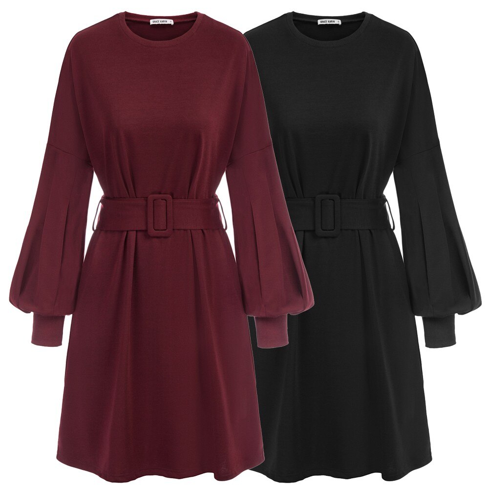 Grace Karin Summer Mini Dresses Women Belt Sashes Dress Long Lantern Sleeves Crew Neck Solid Color Retro Ladies A-Line Dress