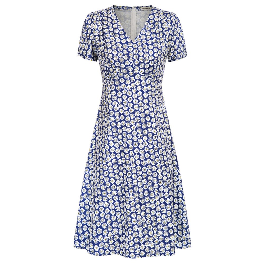 Grace Karin Casual Dresses Summer Women V-Neck Dress Short Sleeve A-Line Leopard/Daisy Pattern Beach Holiday Fashion Floral Lady