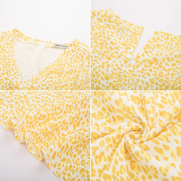 Grace Karin Casual Dresses Summer Women V-Neck Dress Short Sleeve A-Line Leopard/Daisy Pattern Beach Holiday Fashion Floral Lady