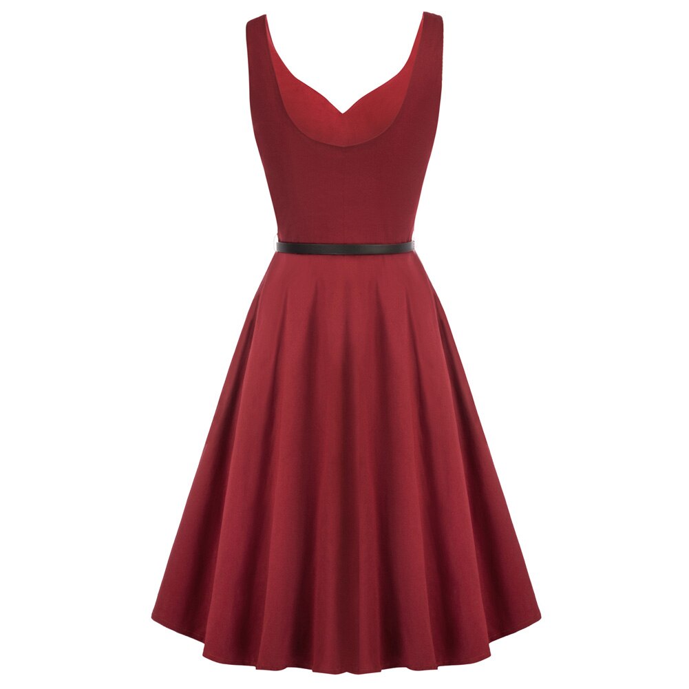 Grace Karin Women V-Neck Dress Vintage Belt Sleeveless U-Back Party Evening Office Elegant Swing Flared A-Line Cotton Dress New