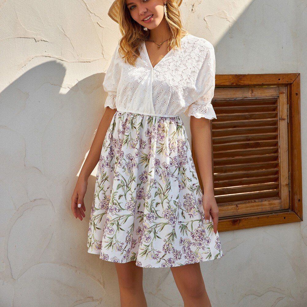 A Line Dresses Summer Women Cotton Patchwork Swing Dress Short Sleeve V-Neck Elastic Waist Knee Length Lady Young Floral Dress