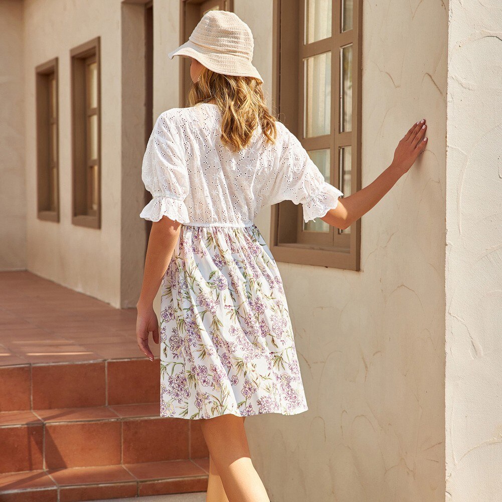 A Line Dresses Summer Women Cotton Patchwork Swing Dress Short Sleeve V-Neck Elastic Waist Knee Length Lady Young Floral Dress