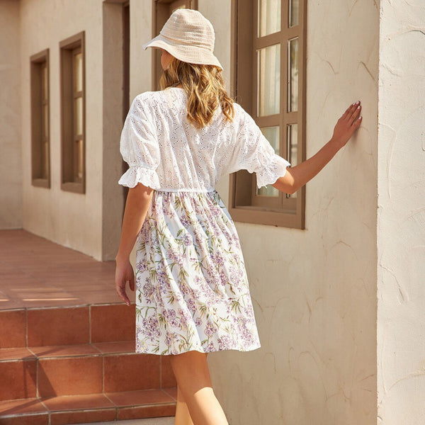 A Line Dresses Summer Women Cotton Patchwork Swing Dress Short Sleeve V-Neck Elastic Waist Knee Length Lady Young Floral Dress