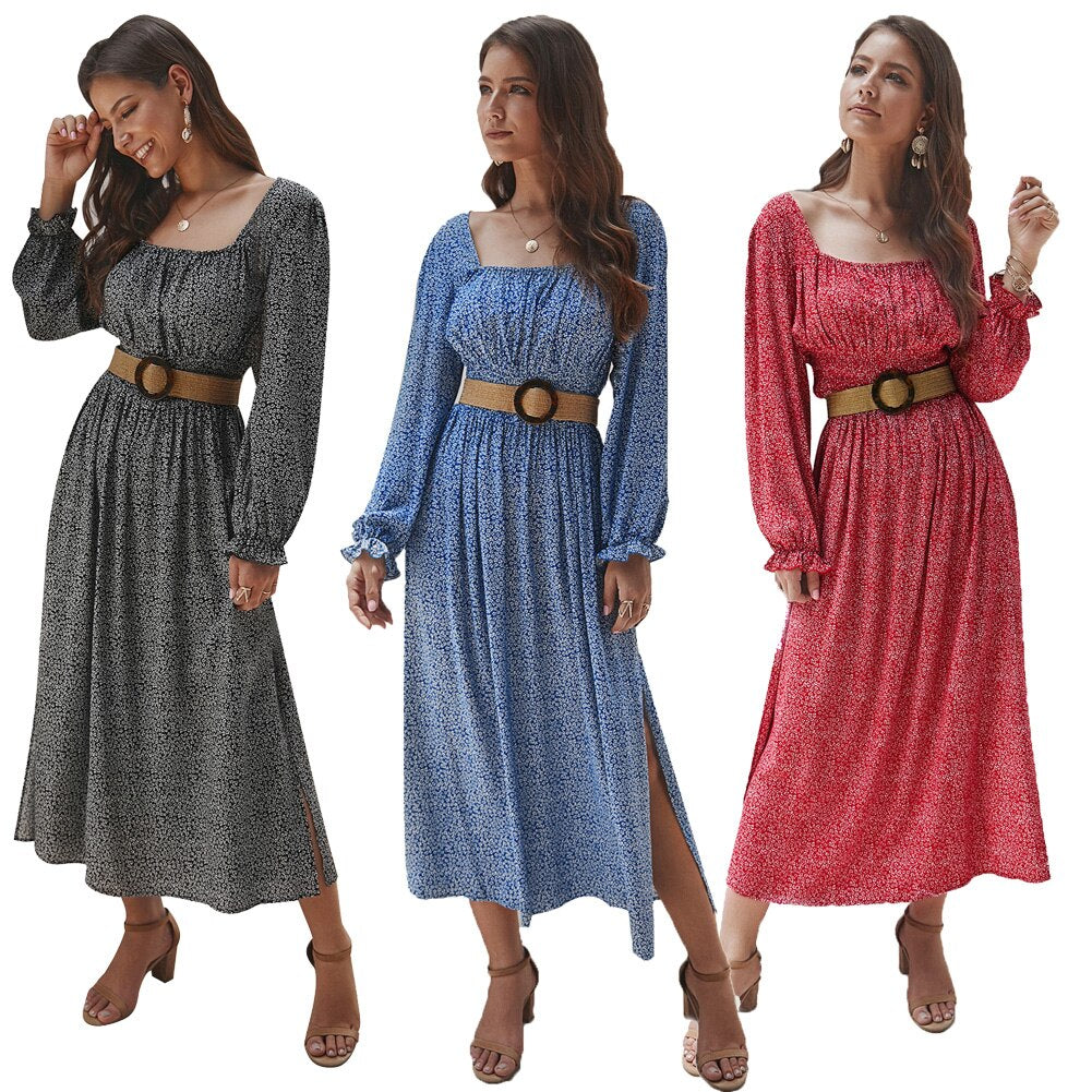 Women Side Split Dress Square Neck Long Sleeve Smock Waist Casual Party Vacation Holiday Boho Swing Print Floral Dresses Fall