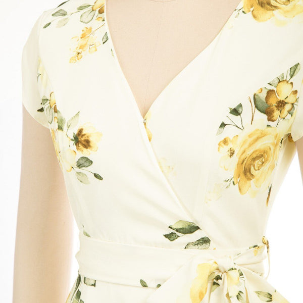 Summer Dresses Women High-Low Hem Dress Belt Decor Petal Sleeves Surplice V-Neck A-Line Swing Vacation Beach Dress Ladies Female
