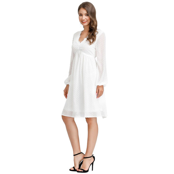 Women's Dresses Fashion V-Neck Empire Waist Swing Dress Long Sleeve Flared A-Line Summer Chiffon Mesh Lady Elegant Dresses New