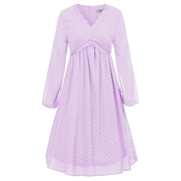 Women's Dresses Fashion V-Neck Empire Waist Swing Dress Long Sleeve Flared A-Line Summer Chiffon Mesh Lady Elegant Dresses New