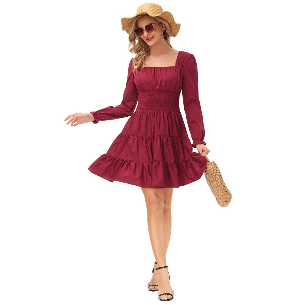 Summer Vintage Dresses Women Cake Dress Smocked Waist Long Sleeve Square Neck Ruffles Pleated A-Line Mini Dress Lady Solid Color