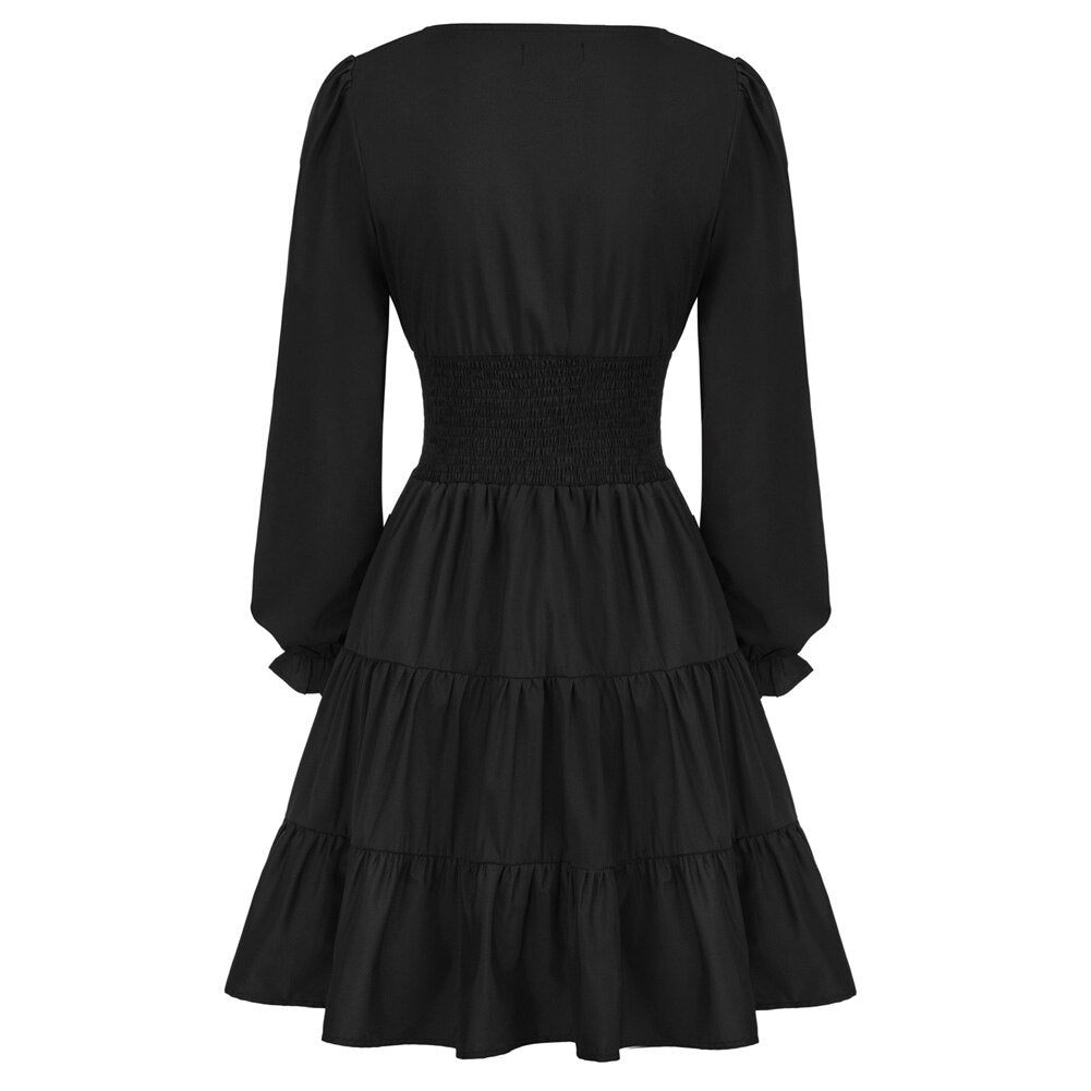 Summer Vintage Dresses Women Cake Dress Smocked Waist Long Sleeve Square Neck Ruffles Pleated A-Line Mini Dress Lady Solid Color