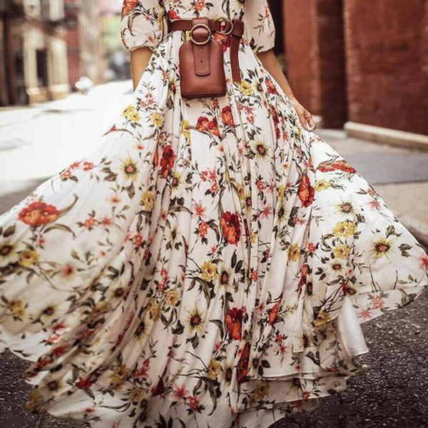 Wrap Dress Boho Floral Long Maxi Party Holiday Summer Beach Swing Sundress
