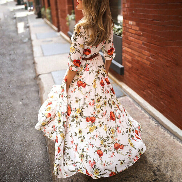 Wrap Dress Boho Floral Long Maxi Party Holiday Summer Beach Swing Sundress