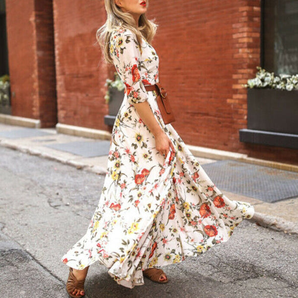 Wrap Dress Boho Floral Long Maxi Party Holiday Summer Beach Swing Sundress