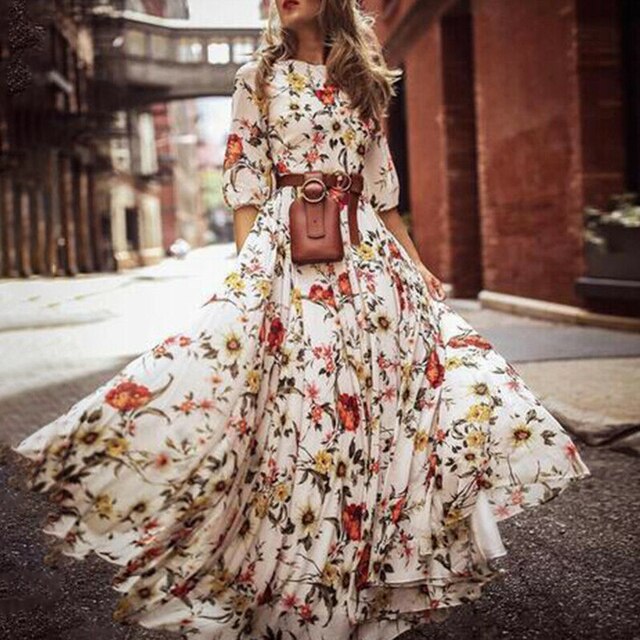 Wrap Dress Boho Floral Long Maxi Party Holiday Summer Beach Swing Sundress