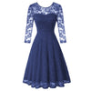 Summer Women's Dresses Floral Lace Dress Sexy 3/4 Sleeve Crew Neck V-Back A-Line Dresses Solid Elegant Retro Knee Length Female