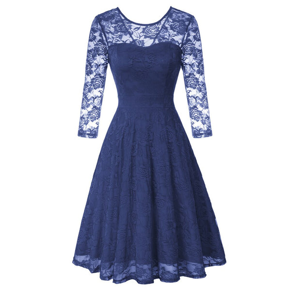 Summer Women's Dresses Floral Lace Dress Sexy 3/4 Sleeve Crew Neck V-Back A-Line Dresses Solid Elegant Retro Knee Length Female