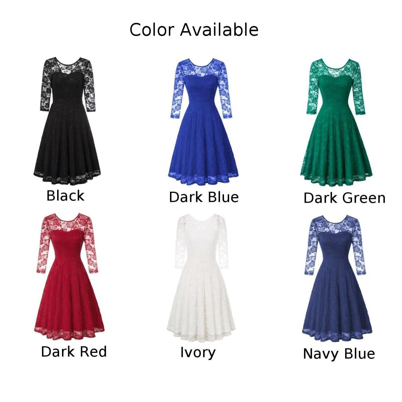 Summer Women's Dresses Floral Lace Dress Sexy 3/4 Sleeve Crew Neck V-Back A-Line Dresses Solid Elegant Retro Knee Length Female