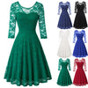 Summer Women's Dresses Floral Lace Dress Sexy 3/4 Sleeve Crew Neck V-Back A-Line Dresses Solid Elegant Retro Knee Length Female