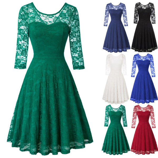 Summer Women's Dresses Floral Lace Dress Sexy 3/4 Sleeve Crew Neck V-Back A-Line Dresses Solid Elegant Retro Knee Length Female