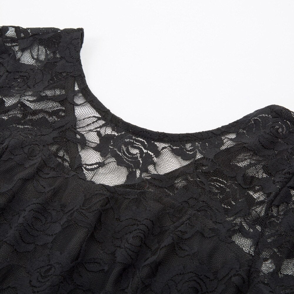 Summer Women's Dresses Floral Lace Dress Sexy 3/4 Sleeve Crew Neck V-Back A-Line Dresses Solid Elegant Retro Knee Length Female