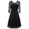 Summer Women's Dresses Floral Lace Dress Sexy 3/4 Sleeve Crew Neck V-Back A-Line Dresses Solid Elegant Retro Knee Length Female