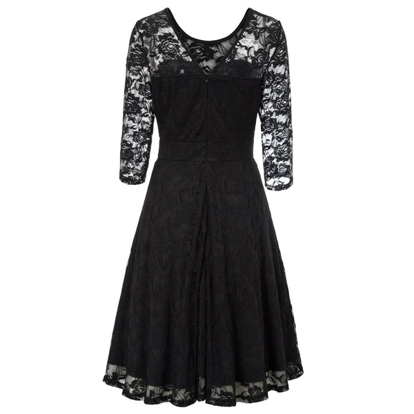 Summer Women's Dresses Floral Lace Dress Sexy 3/4 Sleeve Crew Neck V-Back A-Line Dresses Solid Elegant Retro Knee Length Female