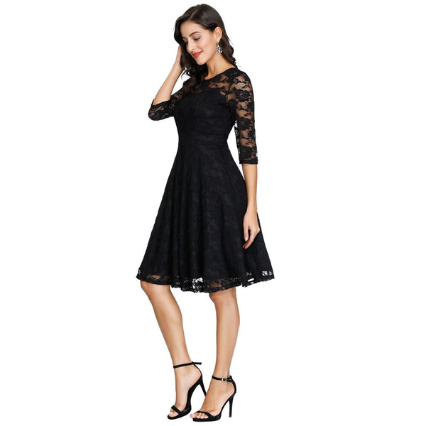 Summer Women's Dresses Floral Lace Dress Sexy 3/4 Sleeve Crew Neck V-Back A-Line Dresses Solid Elegant Retro Knee Length Female