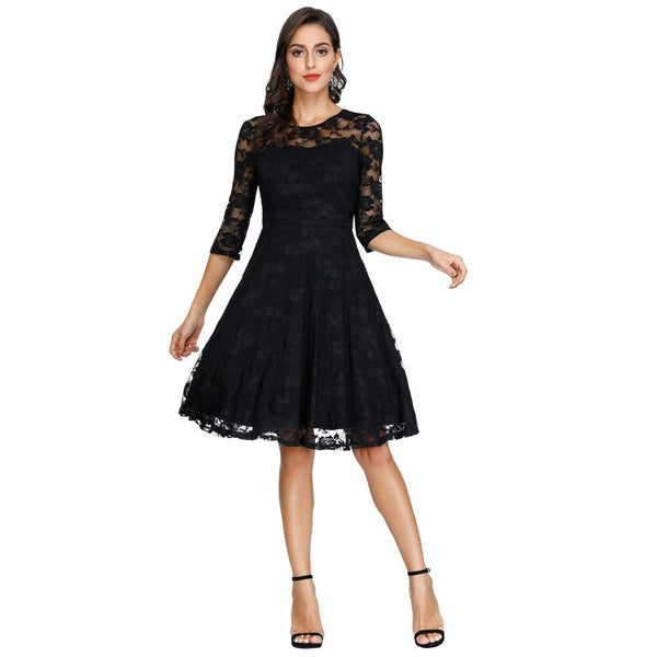 Summer Women's Dresses Floral Lace Dress Sexy 3/4 Sleeve Crew Neck V-Back A-Line Dresses Solid Elegant Retro Knee Length Female