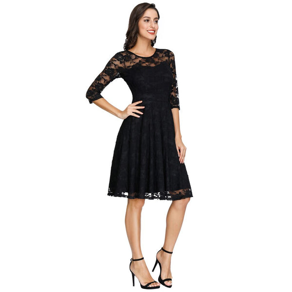 Summer Women's Dresses Floral Lace Dress Sexy 3/4 Sleeve Crew Neck V-Back A-Line Dresses Solid Elegant Retro Knee Length Female