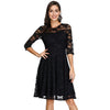 Summer Women's Dresses Floral Lace Dress Sexy 3/4 Sleeve Crew Neck V-Back A-Line Dresses Solid Elegant Retro Knee Length Female