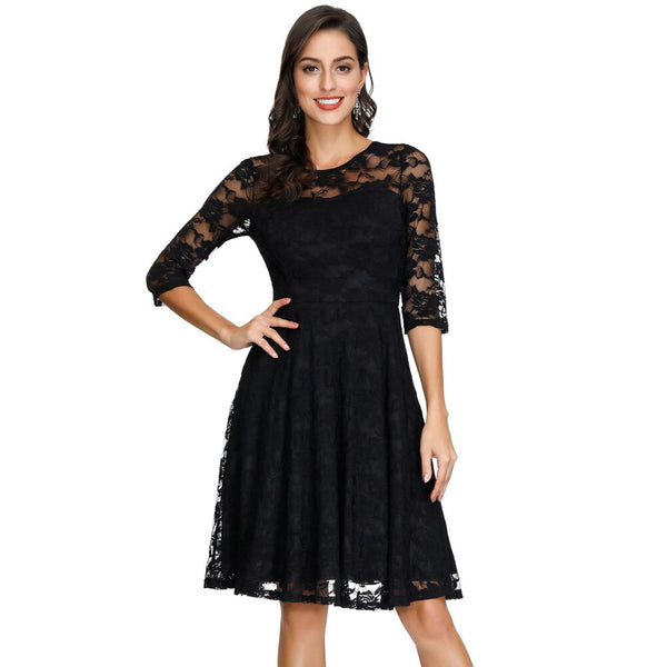 Summer Women's Dresses Floral Lace Dress Sexy 3/4 Sleeve Crew Neck V-Back A-Line Dresses Solid Elegant Retro Knee Length Female
