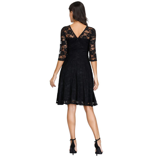 Summer Women's Dresses Floral Lace Dress Sexy 3/4 Sleeve Crew Neck V-Back A-Line Dresses Solid Elegant Retro Knee Length Female