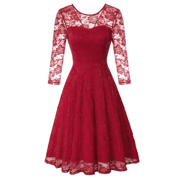 Summer Women's Dresses Floral Lace Dress Sexy 3/4 Sleeve Crew Neck V-Back A-Line Dresses Solid Elegant Retro Knee Length Female