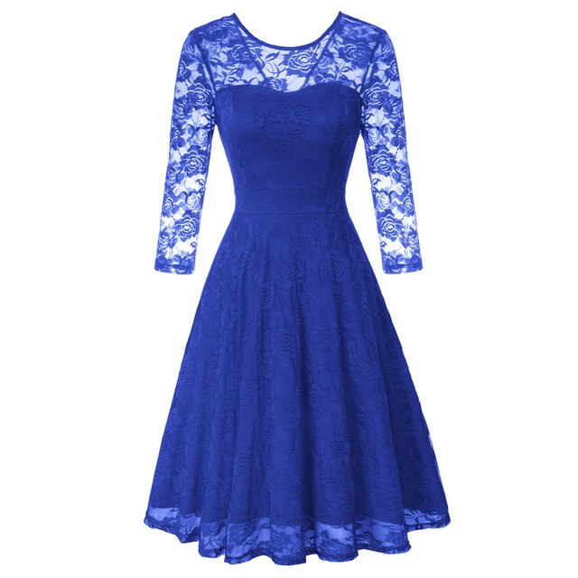 Summer Women's Dresses Floral Lace Dress Sexy 3/4 Sleeve Crew Neck V-Back A-Line Dresses Solid Elegant Retro Knee Length Female