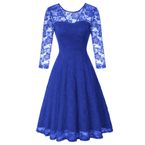 Summer Women's Dresses Floral Lace Dress Sexy 3/4 Sleeve Crew Neck V-Back A-Line Dresses Solid Elegant Retro Knee Length Female