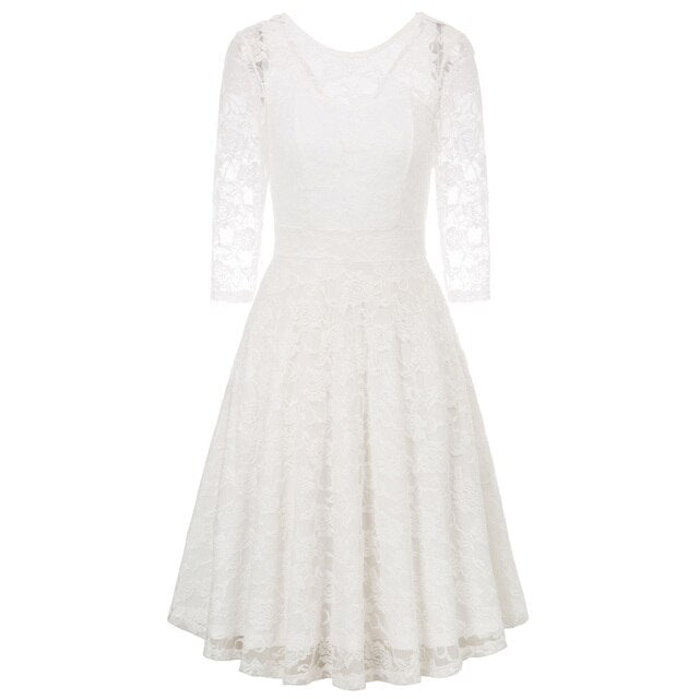 Summer Women's Dresses Floral Lace Dress Sexy 3/4 Sleeve Crew Neck V-Back A-Line Dresses Solid Elegant Retro Knee Length Female