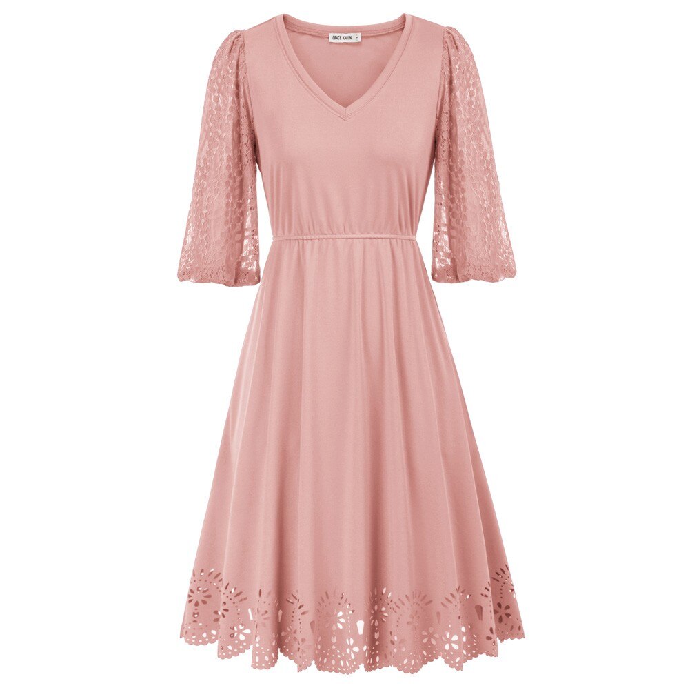 Women Burn-out Hem Dress 1/2 Lantern Sleeve V-Neck Elastic Waist A-Line Dress Half Length Lace Lantern Sleeves