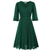 Women Burn-out Hem Dress 1/2 Lantern Sleeve V-Neck Elastic Waist A-Line Dress Half Length Lace Lantern     Sleeves