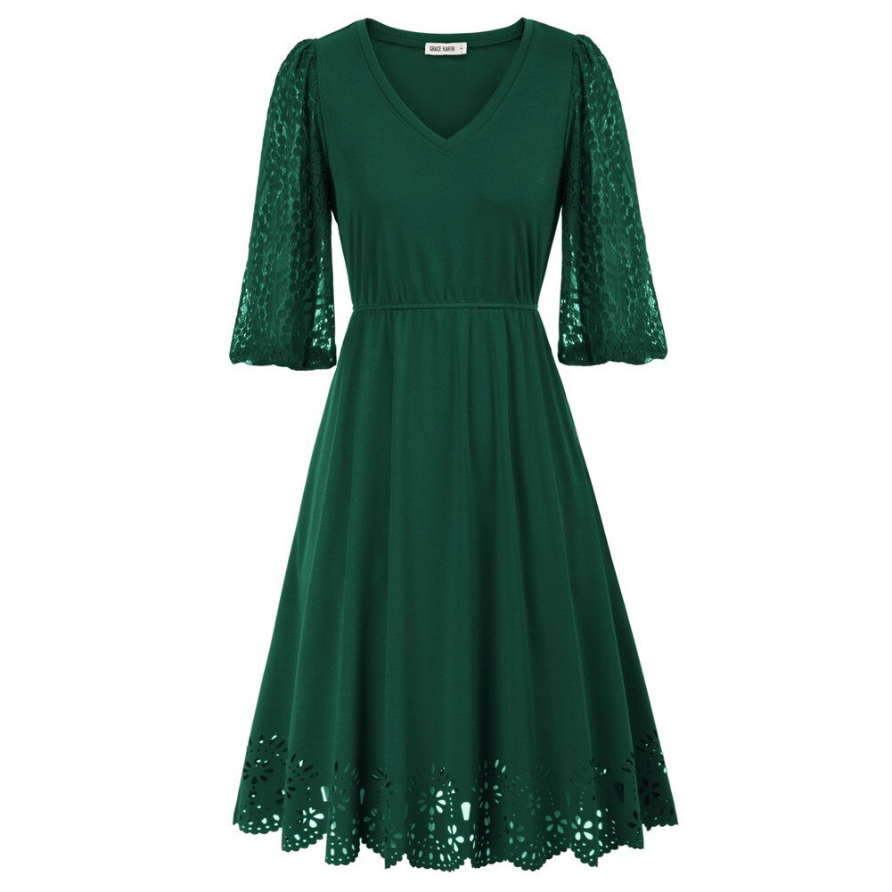 Women Burn-out Hem Dress 1/2 Lantern Sleeve V-Neck Elastic Waist A-Line Dress Half Length Lace Lantern Sleeves