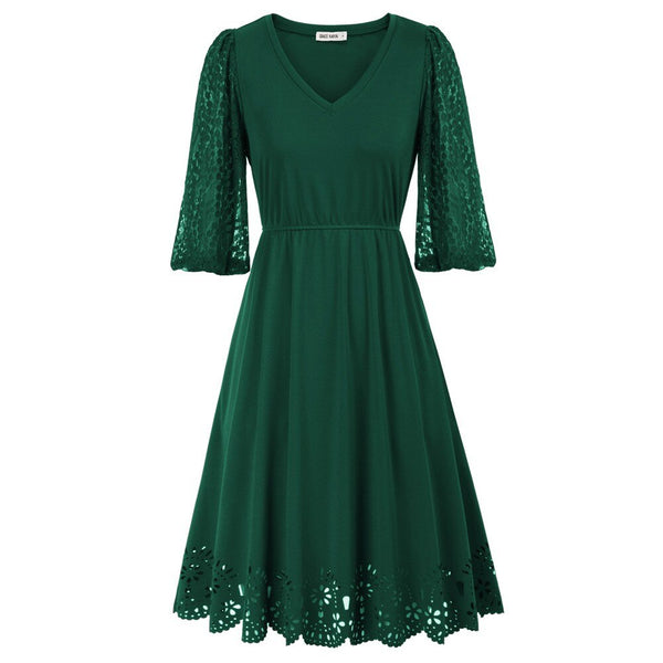 Women Burn-out Hem Dress 1/2 Lantern Sleeve V-Neck Elastic Waist A-Line Dress Half Length Lace Lantern     Sleeves