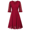 Women Burn-out Hem Dress 1/2 Lantern Sleeve V-Neck Elastic Waist A-Line Dress Half Length Lace Lantern     Sleeves