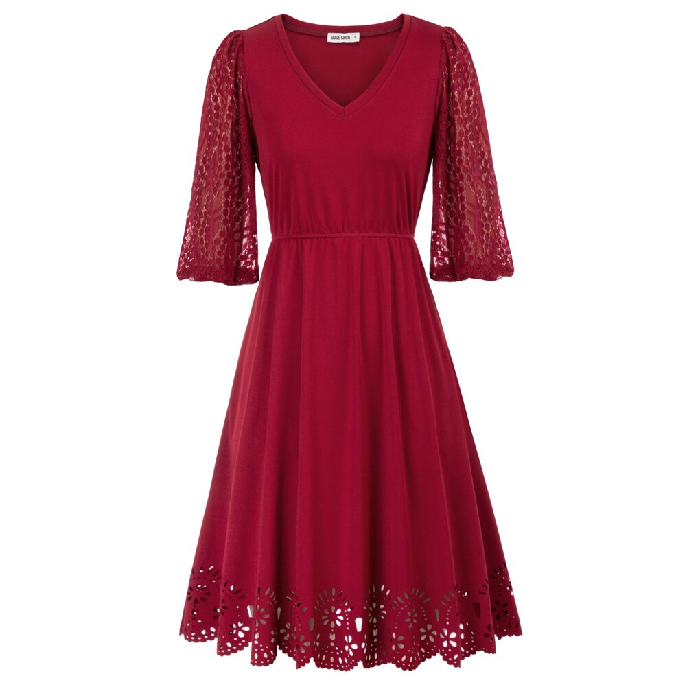 Women Burn-out Hem Dress 1/2 Lantern Sleeve V-Neck Elastic Waist A-Line Dress Half Length Lace Lantern Sleeves
