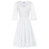 Women Burn-out Hem Dress 1/2 Lantern Sleeve V-Neck Elastic Waist A-Line Dress Half Length Lace Lantern     Sleeves