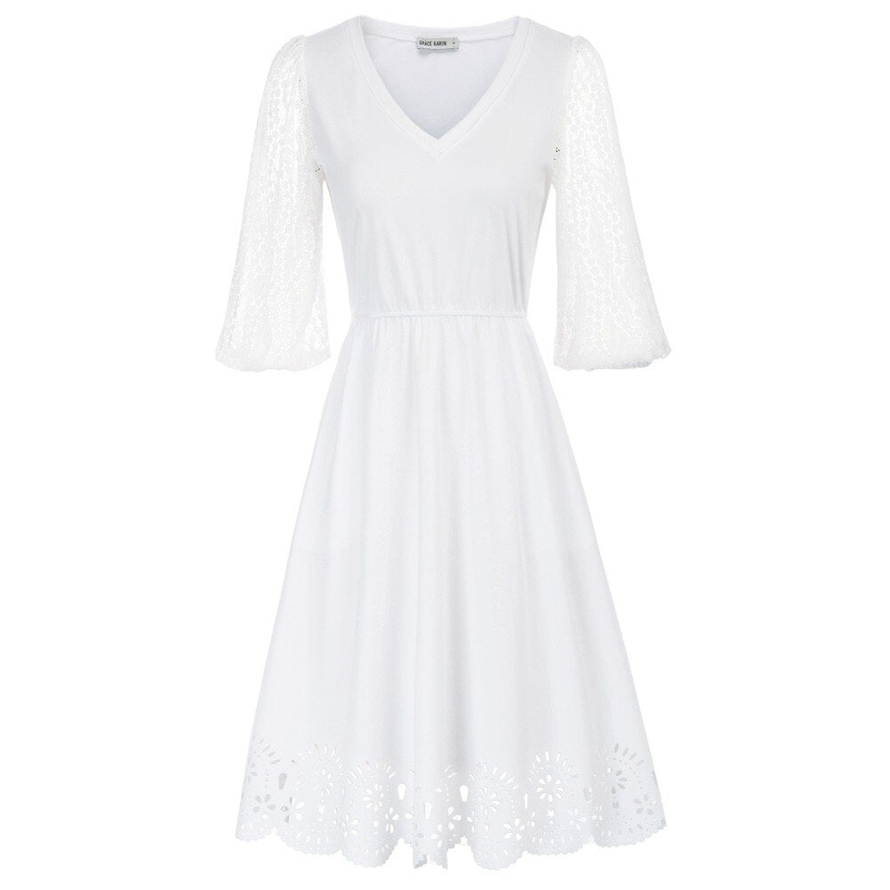Women Burn-out Hem Dress 1/2 Lantern Sleeve V-Neck Elastic Waist A-Line Dress Half Length Lace Lantern Sleeves