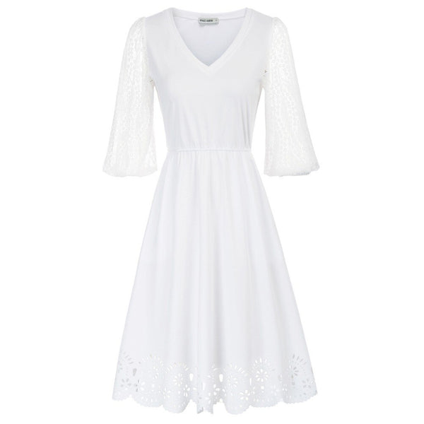 Women Burn-out Hem Dress 1/2 Lantern Sleeve V-Neck Elastic Waist A-Line Dress Half Length Lace Lantern     Sleeves